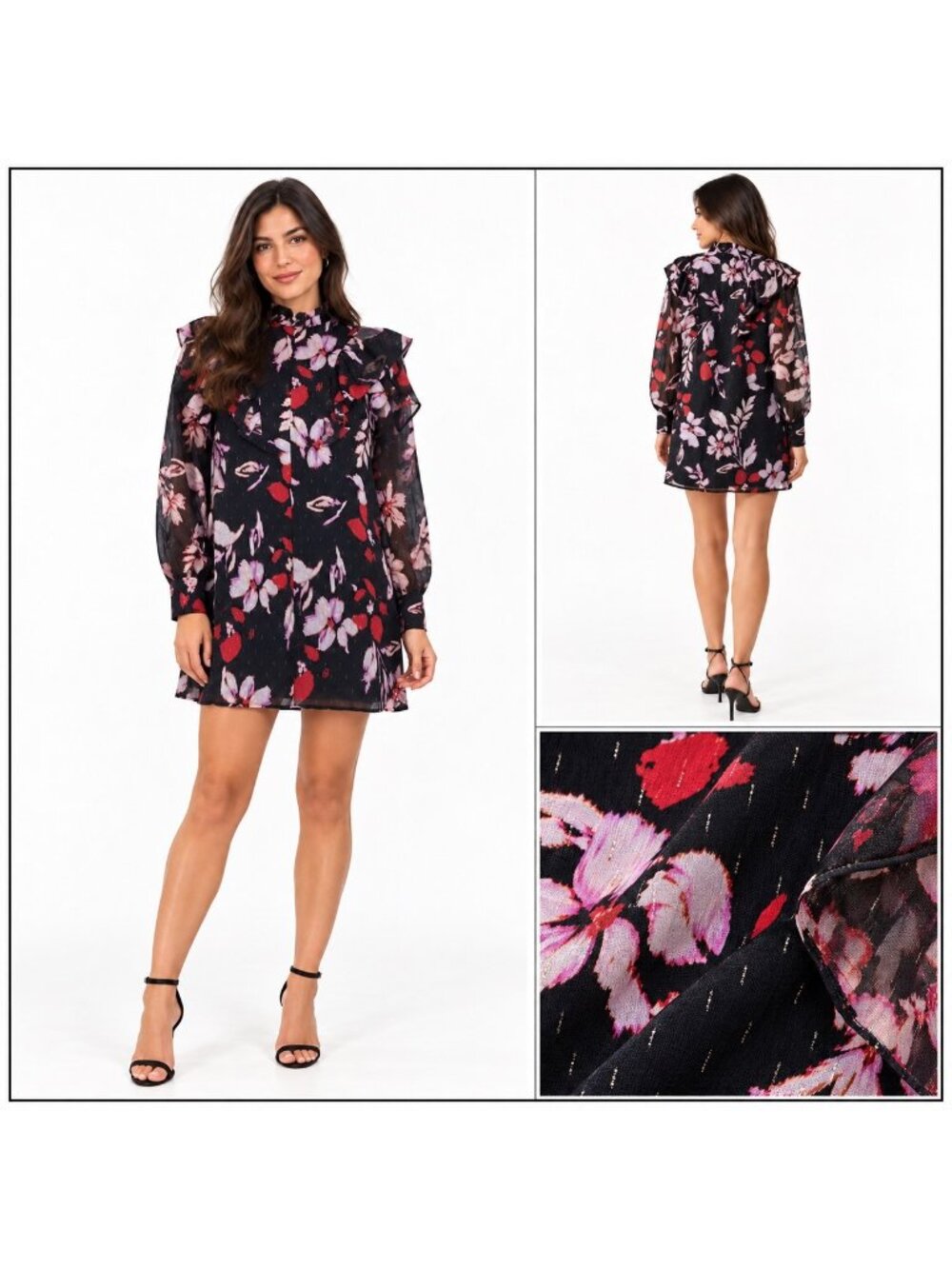 Sanctuary Babydoll Mini Dress Small Black Floral Boho Gothic Metallic Shimmer